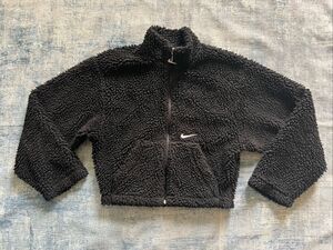 Nike Black White Sherpa Active Swoosh Cropped Faux Fur Jacket XS